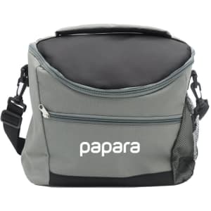 A grey cooler bag with a black top, featuring a zippered pocket and a mesh side pocket. It has a logo on the front.