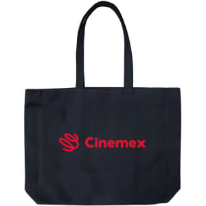 A large black tote bag featuring handles and a logo. Ideal for carrying various items.
