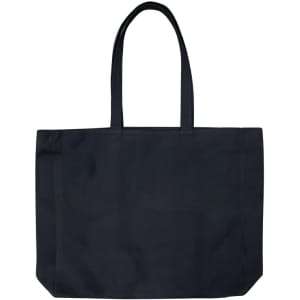A large black tote bag with two handles and a simple design. Features a logo.