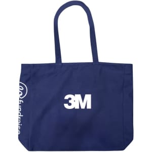 A navy blue tote bag with two handles and a logo visible on the side.