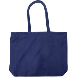A large navy tote bag with two shoulder straps and a simple design, featuring a logo.