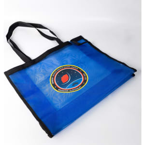 A blue nylon mesh tote bag with black straps and a logo in the centre.