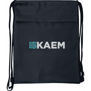 A black drawstring bag featuring a logo, ideal for carrying various small items.