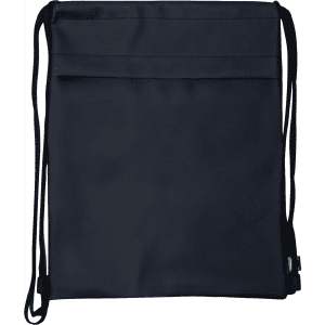 A navy drawstring bag with a simple design and adjustable straps, featuring a logo at the corner.
