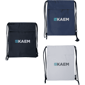 A collection of drawstring bags in black, navy, and white, each featuring a logo.