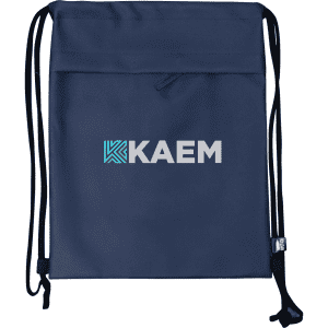A navy drawstring bag with a logo prominently displayed in the centre.
