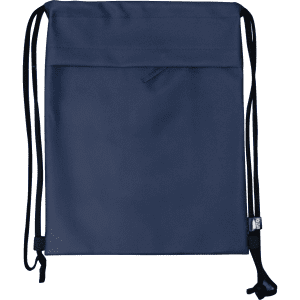 A navy drawstring bag featuring a logo, with black drawstrings for closure and carry.