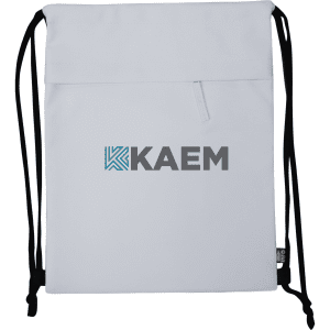 A white drawstring bag featuring black straps and a branding logo on the front.