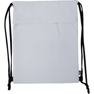 A white drawstring bag with black straps, featuring a zippered pocket and a logo.