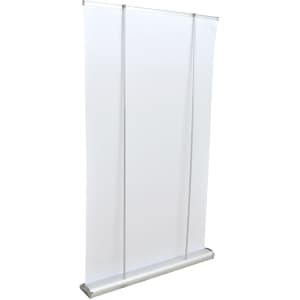 A deluxe 1200mm roll-up banner in white with a silver base and support poles. It features a logo at the bottom.