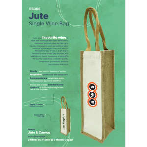 A jute wine bag in natural and cream colours with two handles and branding on the front.