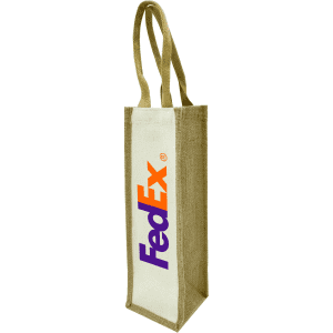 A jute single wine bag in natural brown, featuring a logo on one side and two handles for easy carrying.