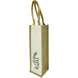 A jute single wine bag in natural and cream colours, featuring a simple logo on the side.