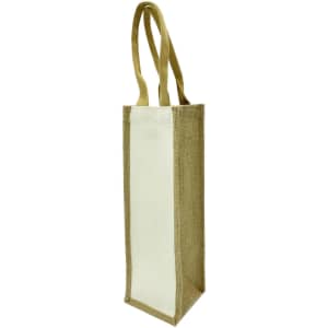 A jute wine bag featuring a natural brown hue with a cream-coloured panel and two sturdy handles.
