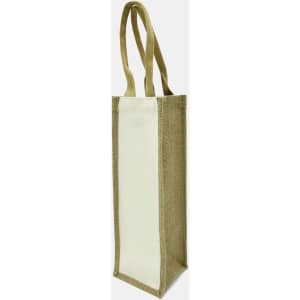 A jute single wine bag in natural beige with a cream centre panel and two sturdy handles. It features a branding logo.