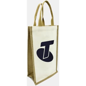 A jute double wine bag in natural and tan colours, featuring a branding logo on the front.