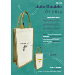 A jute double wine bag in natural and cream colours, featuring a branding logo and sturdy handles.