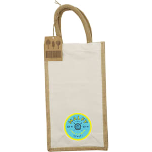 A jute double wine bag in natural beige with tan handles, featuring a circular logo.