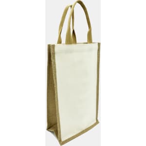 A jute double wine bag in natural beige and tan, featuring sturdy handles and a simple, rustic design.
