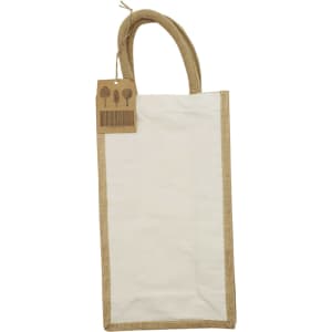 A jute double wine bag in natural beige with a plain white centre and a tag attached. It features two handles.
