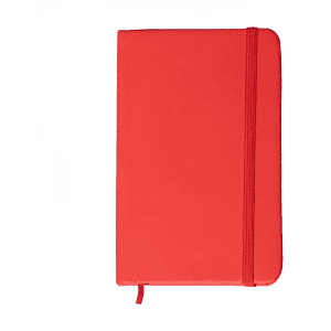 A red A6 notebook with an elastic band closure and a ribbon bookmark. It features a smooth surface.