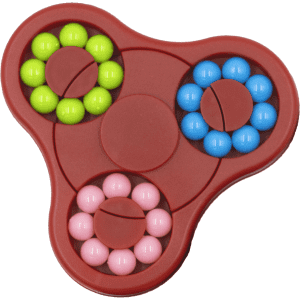 A red puzzle game with three sections, featuring pink, green, and blue balls arranged in circular patterns.