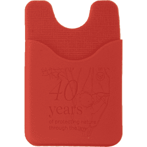 A red silicone phone wallet with a textured surface and a cut-out section at the top. It features a logo.