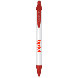 A plastic pen with a white body and red accents, featuring a logo.