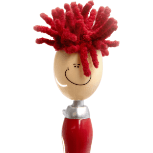 A red Mop Head Pen with a stylus featuring a smiling face and bright red fuzzy strands. It has a silver accent.