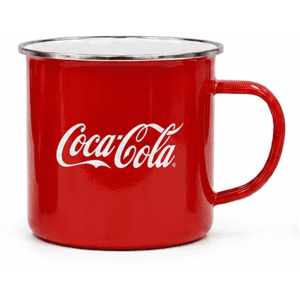 A drink bottle featuring a shiny red body with a silver rim and a handle, branded with a logo.