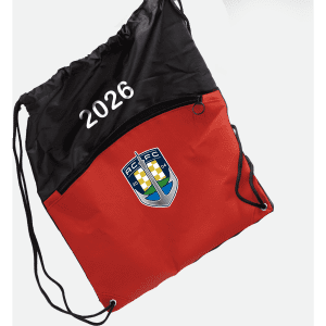 A red and black drawstring bag with a logo and a zip pocket. The number "2026" is visible on the top.