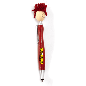A red pen featuring a character head with mop-like hair, complete with a logo and a stylus tip.