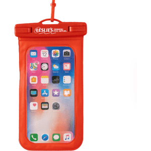 A waterproof phone pouch in bright red with a transparent front, featuring a logo at the top.
