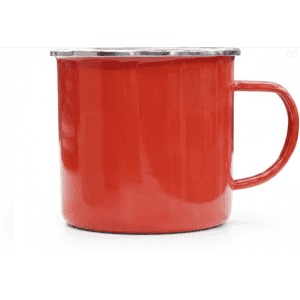 A drink bottle in bright red with a stainless steel rim and handle, featuring a logo on the surface.