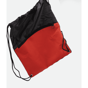 A red and black drawstring bag featuring a zippered pocket and black cords for carrying. It has a logo.