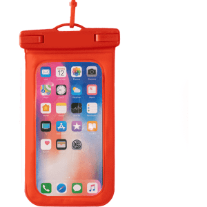 A red waterproof phone pouch with a clear front, displaying a smartphone screen and icons. It has a logo on it.