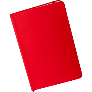 A red A5 notebook with a smooth cover and a logo on the front.