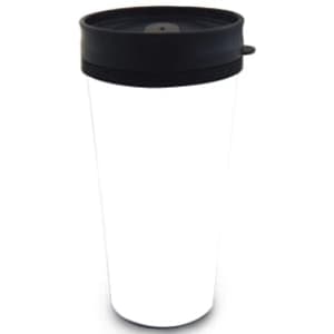 A drink bottle featuring a black lid and a white body, designed as a 443mL tumbler for travel use.