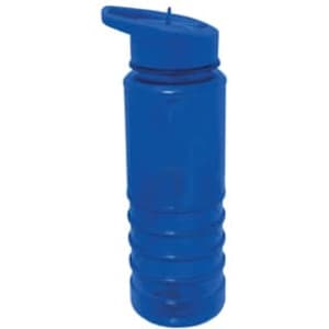 A drink bottle in blue plastic with a screw-on lid and a spout for easy pouring. It features a branding logo.