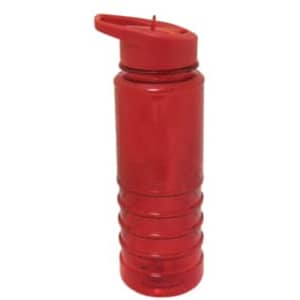 A drink bottle in bright red, featuring a flip-top lid and a ribbed design. It has a logo on the side.