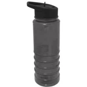 A drink bottle in dark grey with a black lid and a textured grip around the centre. Features a logo.