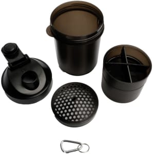 A drink bottle set featuring a black 400ml shaker cup with a removable lid and separate compartments. Includes a carabiner.