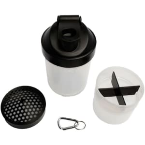A drink bottle featuring a clear body with a black lid, removable compartment, and a keyring attachment.