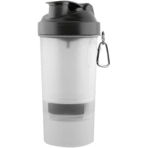 A drink bottle featuring a black lid and a clear body, with a built-in compartment and a logo.