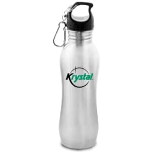 A drink bottle made of stainless steel featuring a black lid and a detachable clip. It has a logo on the surface.