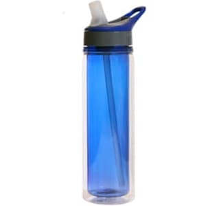 A drink bottle in translucent blue with a black lid and a built-in straw. It features a logo on the side.