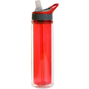 A drink bottle featuring a transparent body with a red finish and a grey lid, complete with a straw and a logo.