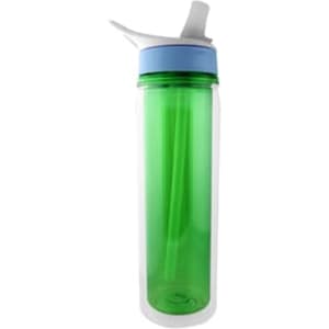 A drink bottle featuring a translucent green body, a blue lid, and a straw. It also has a logo.