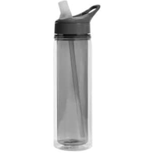A drink bottle in transparent grey Tritan with a black lid and straw, featuring a logo.