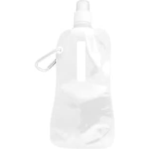 A drink bottle in translucent white with a spray nozzle and a carabiner for attachment. Features a logo.
